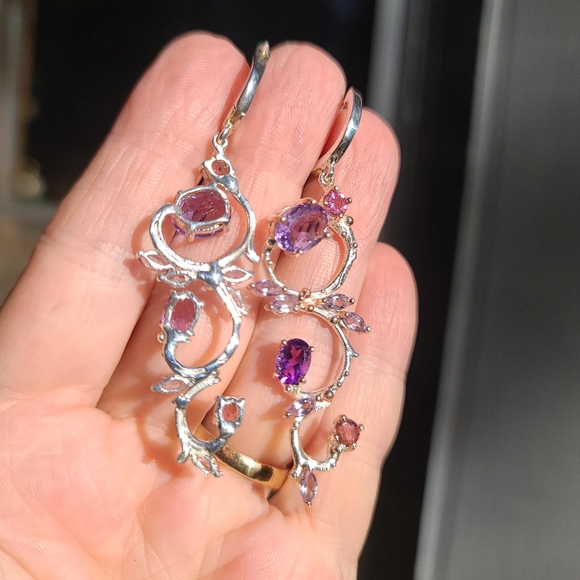 Amethyst & tourmaline STUNNING NEW sterling & gold dramatic earrings - Picture 6 of 6